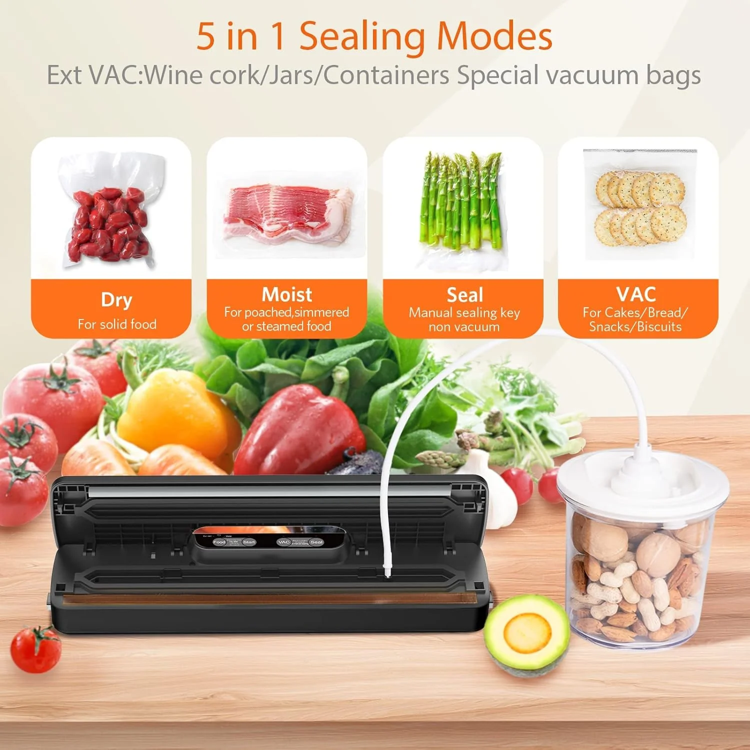 دستگاه وکیوم سیلر TERRIFI، دستگاه بسته بندی وکیوم مواد غذایی با گزینه های خودکار و دستی برای نگهداری مواد غذایی، دستگاه وکیوم سیلر 5 در 1 با حالت های خشک و مرطوب، چراغ های نشانگر LED، طراحی جمع و جور دستگاه وکیوم سیلر TERRIFI، دستگاه بسته بندی وکیوم مواد غذایی با گزینه های خودکار و دستی برای نگهداری مواد غذایی، دستگاه وکیوم سیلر 5 در 1 با حالت های خشک و مرطوب، چراغ های نشانگر LED، طراحی جمع و جور