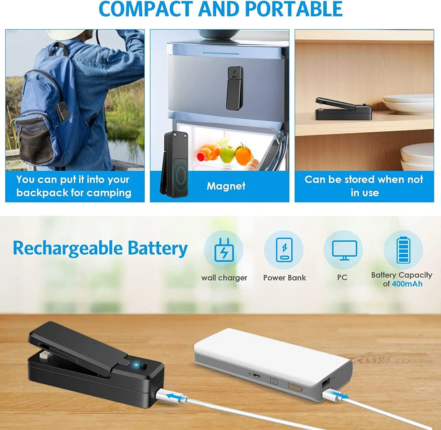 دستگاه کوچک و قابل حمل برای بستن کیسه TERRIFI، شارژ USB، دستگاه دو کاره حرارتی برای بستن و برش، مناسب برای نگهداری تنقلات، میوه ها، چیپس، ساندویچ و کیسه های پلاستیکی