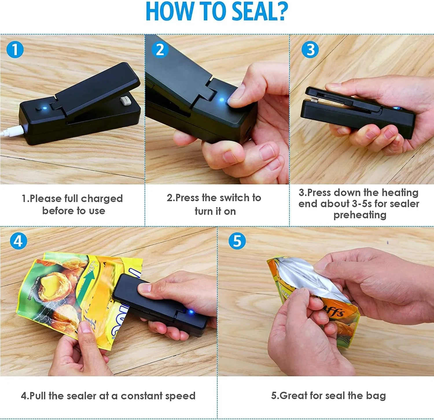 دستگاه کوچک و قابل حمل برای بستن کیسه TERRIFI، شارژ USB، دستگاه دو کاره حرارتی برای بستن و برش، مناسب برای نگهداری تنقلات، میوه ها، چیپس، ساندویچ و کیسه های پلاستیکی