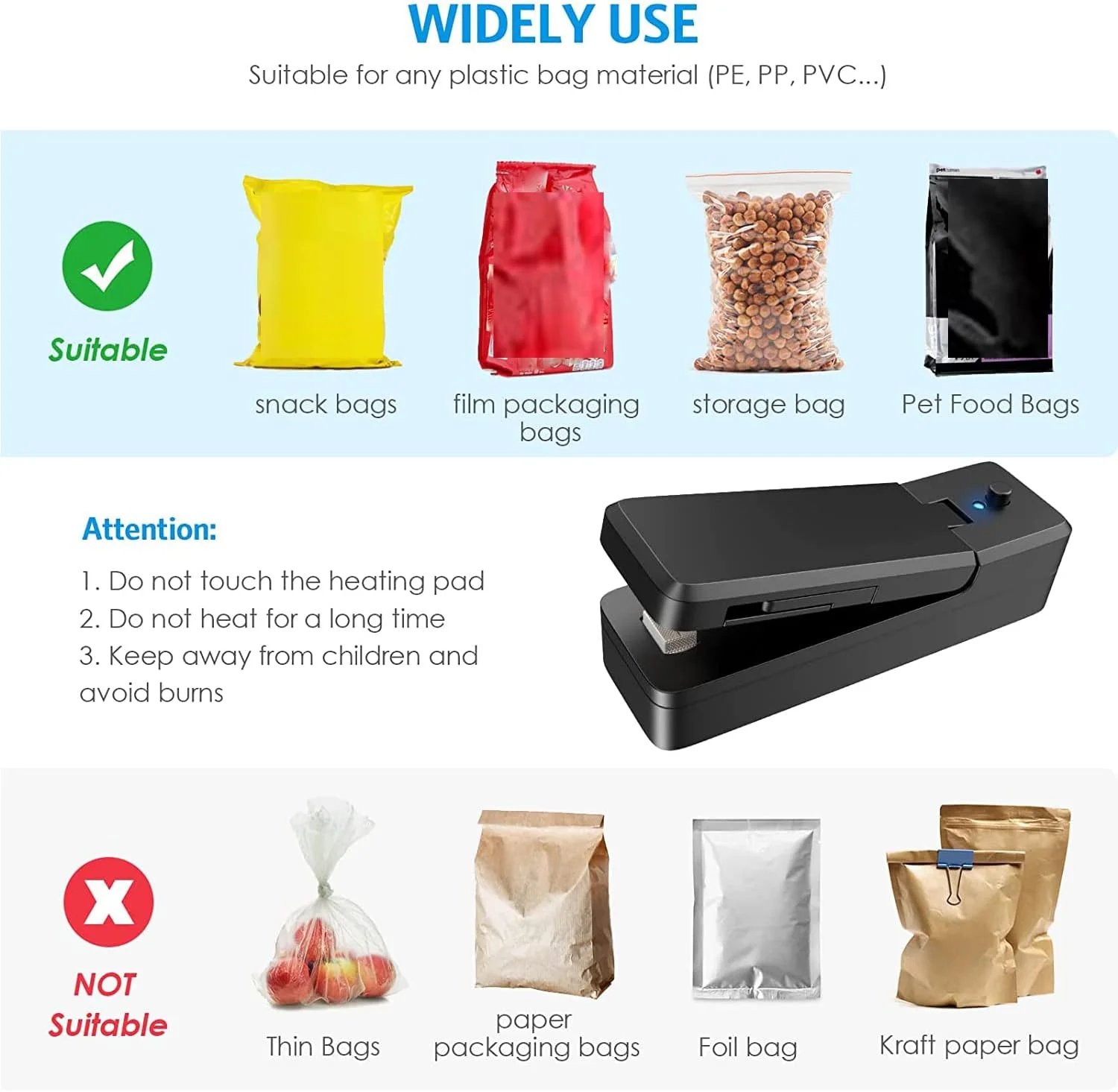 دستگاه کوچک و قابل حمل برای بستن کیسه TERRIFI، شارژ USB، دستگاه دو کاره حرارتی برای بستن و برش، مناسب برای نگهداری تنقلات، میوه ها، چیپس، ساندویچ و کیسه های پلاستیکی