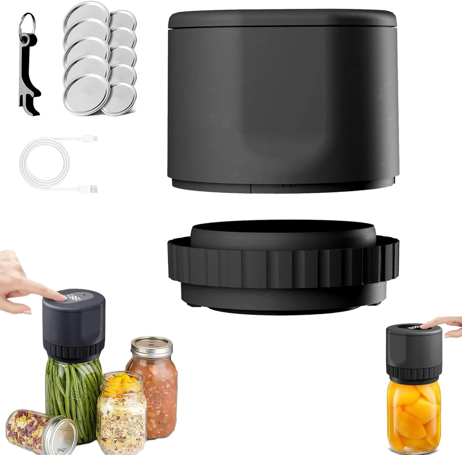 دستگاه وکیوم درب شیشه ای TrueBright، دستگاه پلمپ شیشه ای True Bright، کیت دستگاه وکیوم برقی درب شیشه ای، دستگاه وکیوم برای نگهداری مواد غذایی (مشکی)