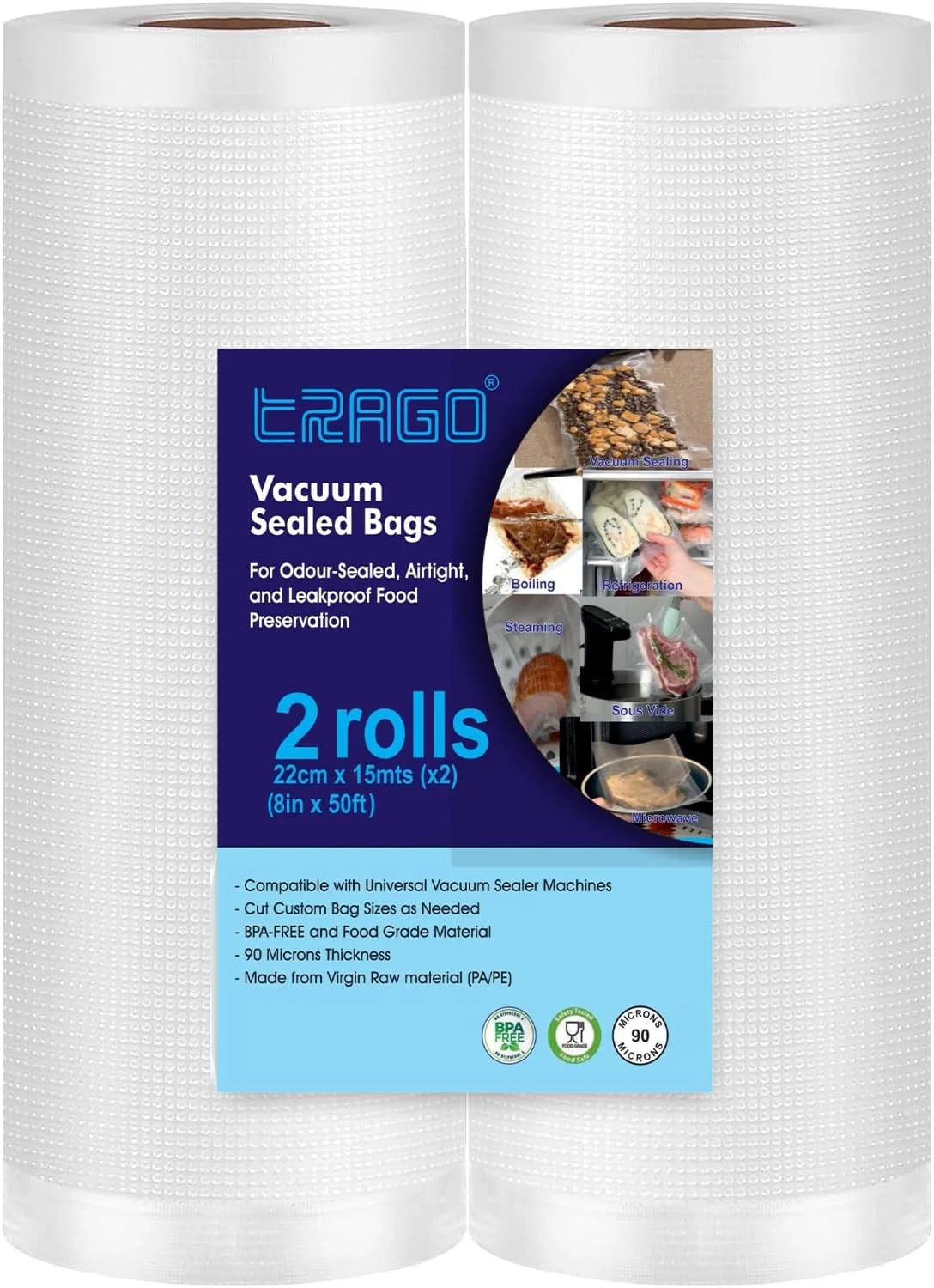 رول بسته بندی وکیوم تراگو، بسته 2 عددی (22cm X 15 mts) مناسب برای نگهداری مواد غذایی، پخت و پز به روش سو وید و فریزر - بدون BPA