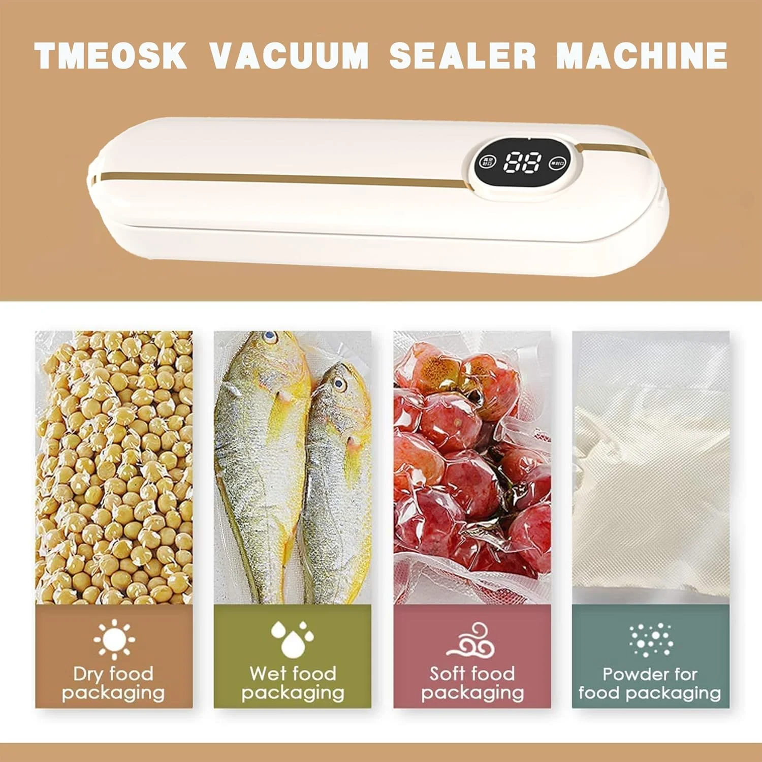 دستگاه وکیوم سیلر - مهر و موم جادویی تازگی، حالت های خشک/مرطوب دوگانه، مکش قوی 60 کیلو پاسکال، مهر و موم سریع 15 ثانیه ای، چند کیسه ای، عملکرد آسان با یک لمس، بژ