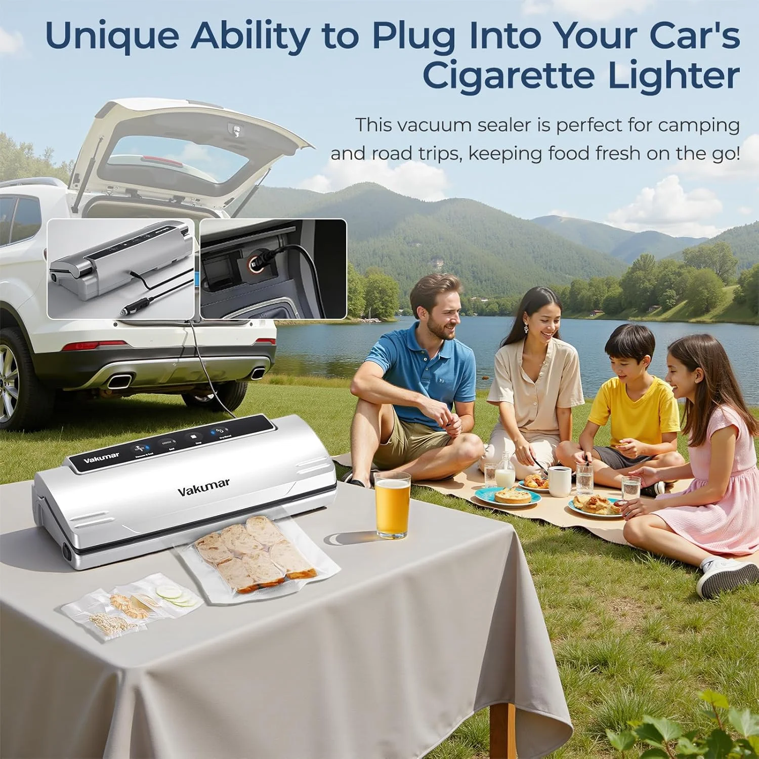 دستگاه وکیوم سیلر ارتقا یافته برای مواد غذایی، دستگاه وکیوم سیلر 8 در 1 با مکش قدرتمند، حالت های خشک و مرطوب، سازگار با Sous Vide، شامل شارژر خودرو (قابل استفاده در خودرو)