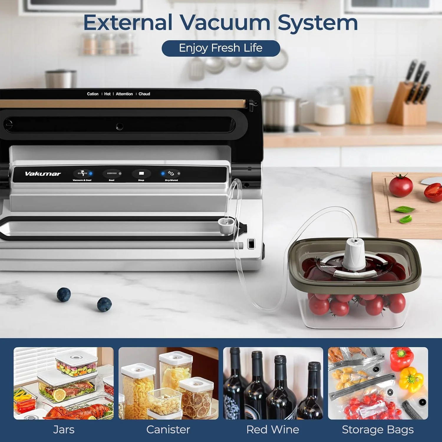 دستگاه وکیوم سیلر ارتقا یافته برای مواد غذایی، دستگاه وکیوم سیلر 8 در 1 با مکش قدرتمند، حالت های خشک و مرطوب، سازگار با Sous Vide، شامل شارژر خودرو (قابل استفاده در خودرو)