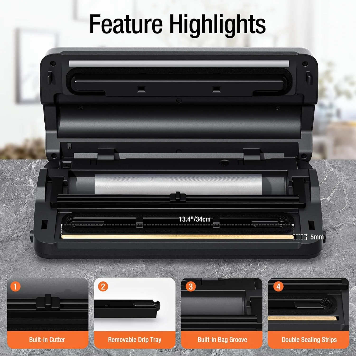 دستگاه وکیوم سیلر مواد غذایی با دقت 90Kpa، دارای برشگر داخلی و محفظه نگهداری، حالت های خشک، مرطوب، EXT-Vac و پالس، دستگاه وکیوم سیلر 14 در 1 برای مواد غذایی به همراه کیسه های وکیوم، مشکی