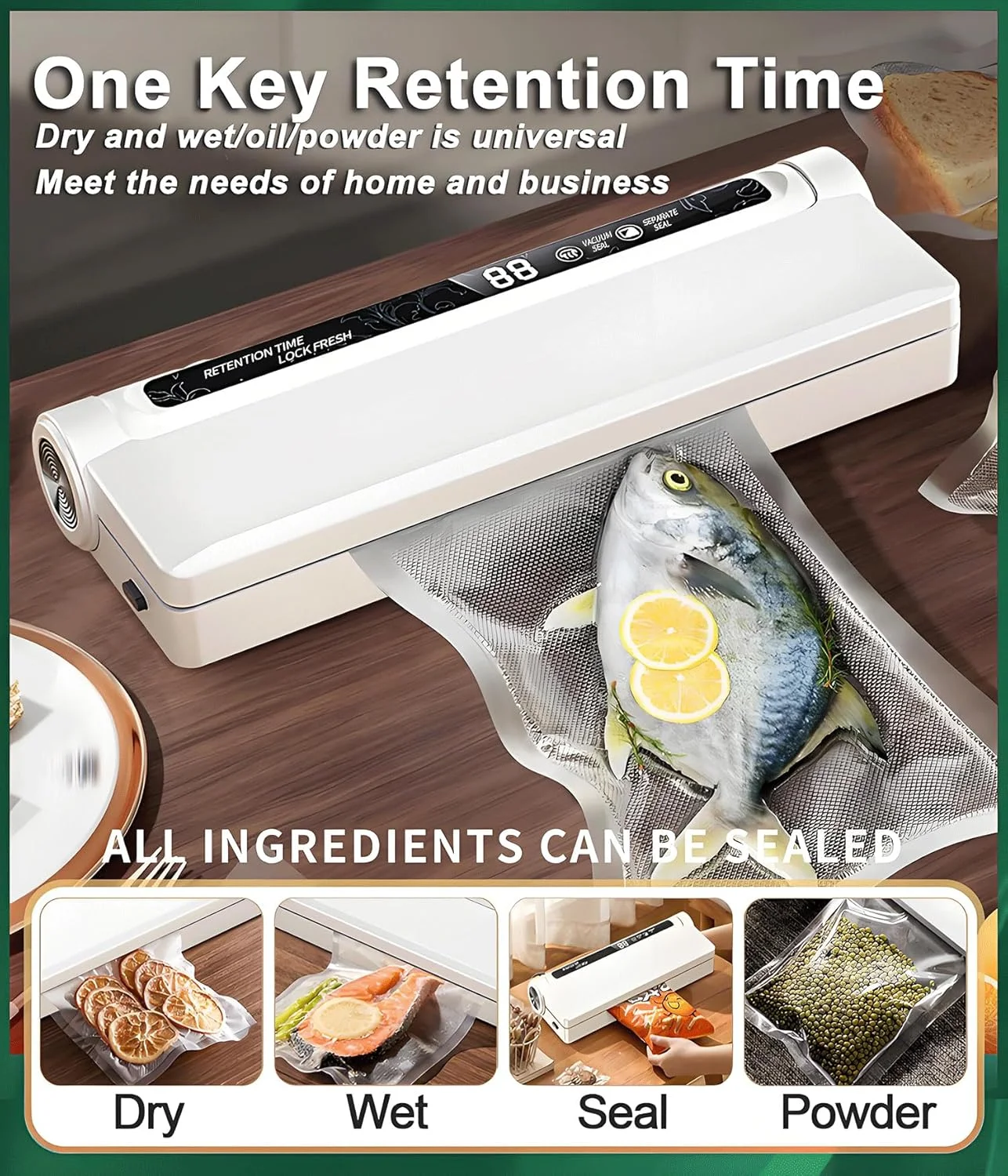 دستگاه وکیوم بسته بندی مواد غذایی تمام اتوماتیک با نمایشگر دیجیتال و 40 کیسه وکیوم + 3 نوار آب بندی، دستگاه وکیوم بسته بندی مواد غذایی با عملکرد دوگانه خشک و مرطوب، قدرت مکش فوق العاده، ساخته شده از مواد ABS