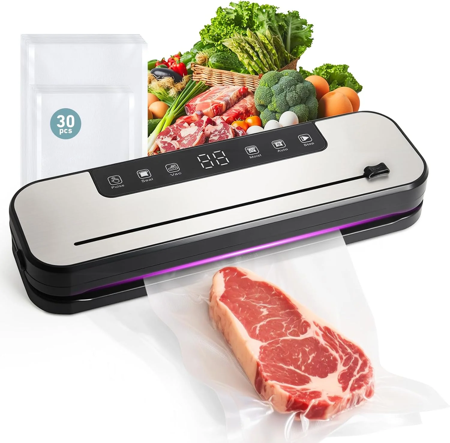 دستگاه وکیوم سیلر غذا، دستگاه سیلر غذا 6 در 1 با قدرت 75Kpa برای مواد غذایی خشک و مرطوب، وکیوم اتوماتیک با کاتر داخلی و 30 کیسه وکیوم دستگاه وکیوم سیلر غذا، دستگاه سیلر غذا 6 در 1 با قدرت 75Kpa برای مواد غذایی خشک و مرطوب، وکیوم اتوماتیک با کاتر داخلی و 30 کیسه وکیوم