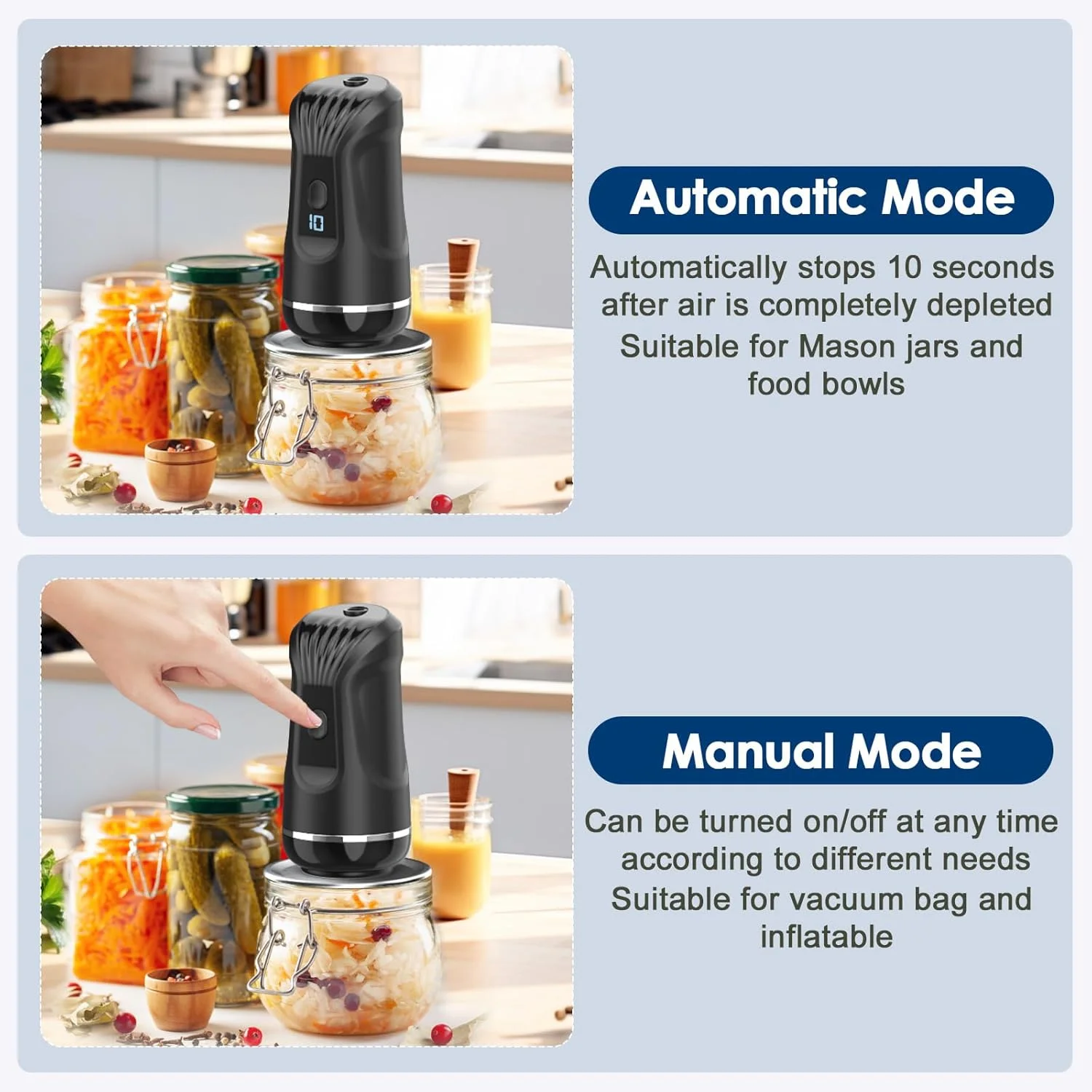 دستگاه وکیوم برقی شیشه های مربا، دستگاه وکیوم دستی ارتقا یافته 2 در 1 برای نگهداری مواد غذایی، دستگاه وکیوم قابل حمل سریع و جمع و جور برای وکیوم کردن و باد کردن با 5 کیسه وکیوم و 10 شیشه مربا
