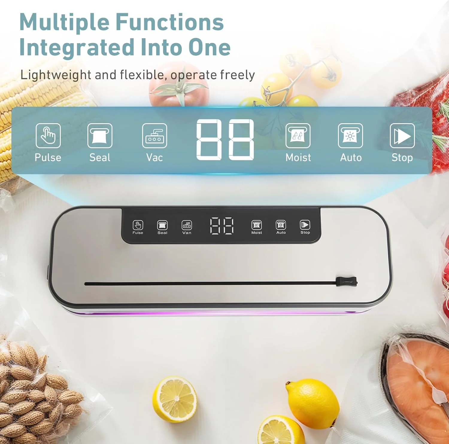 دستگاه وکیوم سیلر غذا، دستگاه سیلر غذا 6 در 1 با قدرت 75Kpa برای مواد غذایی خشک و مرطوب، وکیوم اتوماتیک با کاتر داخلی و 30 کیسه وکیوم دستگاه وکیوم سیلر غذا، دستگاه سیلر غذا 6 در 1 با قدرت 75Kpa برای مواد غذایی خشک و مرطوب، وکیوم اتوماتیک با کاتر داخلی و 30 کیسه وکیوم