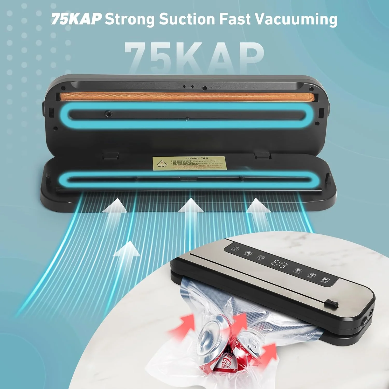 دستگاه وکیوم سیلر غذا، دستگاه سیلر غذا 6 در 1 با قدرت 75Kpa برای مواد غذایی خشک و مرطوب، وکیوم اتوماتیک با کاتر داخلی و 30 کیسه وکیوم دستگاه وکیوم سیلر غذا، دستگاه سیلر غذا 6 در 1 با قدرت 75Kpa برای مواد غذایی خشک و مرطوب، وکیوم اتوماتیک با کاتر داخلی و 30 کیسه وکیوم