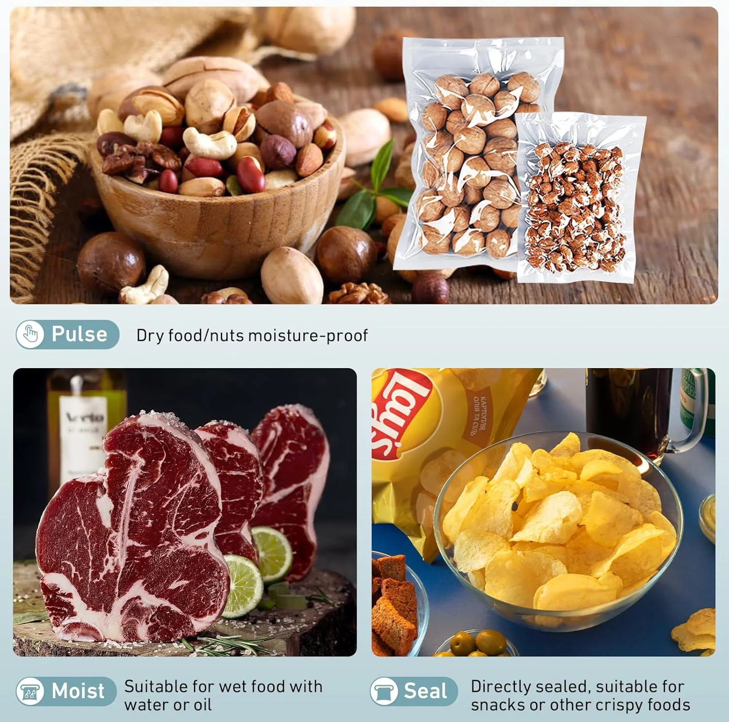 دستگاه وکیوم سیلر غذا، دستگاه سیلر غذا 6 در 1 با قدرت 75Kpa برای مواد غذایی خشک و مرطوب، وکیوم اتوماتیک با کاتر داخلی و 30 کیسه وکیوم دستگاه وکیوم سیلر غذا، دستگاه سیلر غذا 6 در 1 با قدرت 75Kpa برای مواد غذایی خشک و مرطوب، وکیوم اتوماتیک با کاتر داخلی و 30 کیسه وکیوم