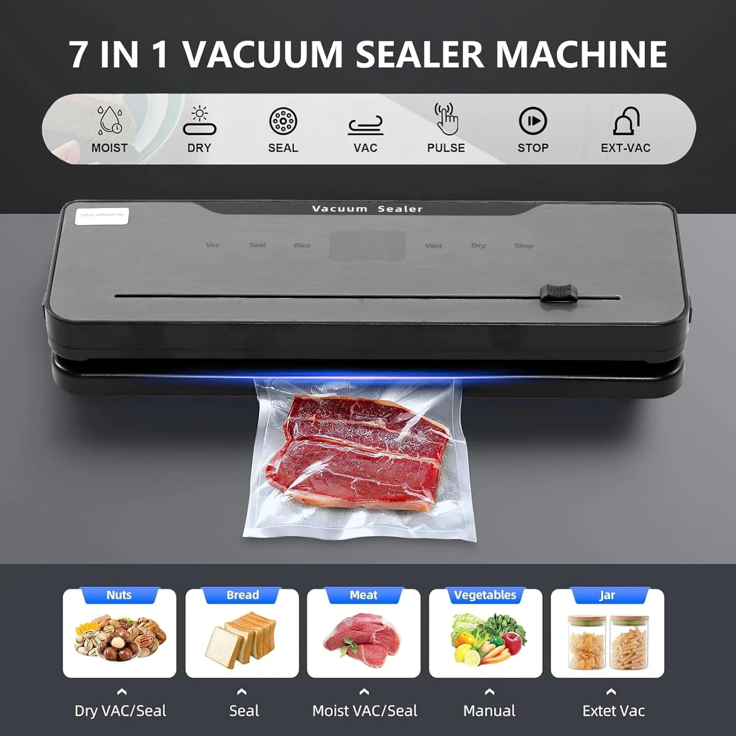 دستگاه وکیوم سیلر، دستگاه وکیوم مواد غذایی، دستگاه وکیوم مواد غذایی 8 در 1، دارای کاتر داخلی، حالت های خشک و مرطوب، دستگاه وکیوم چند منظوره مواد غذایی با 30 کیسه وکیوم 20 * 30 سانتی متر