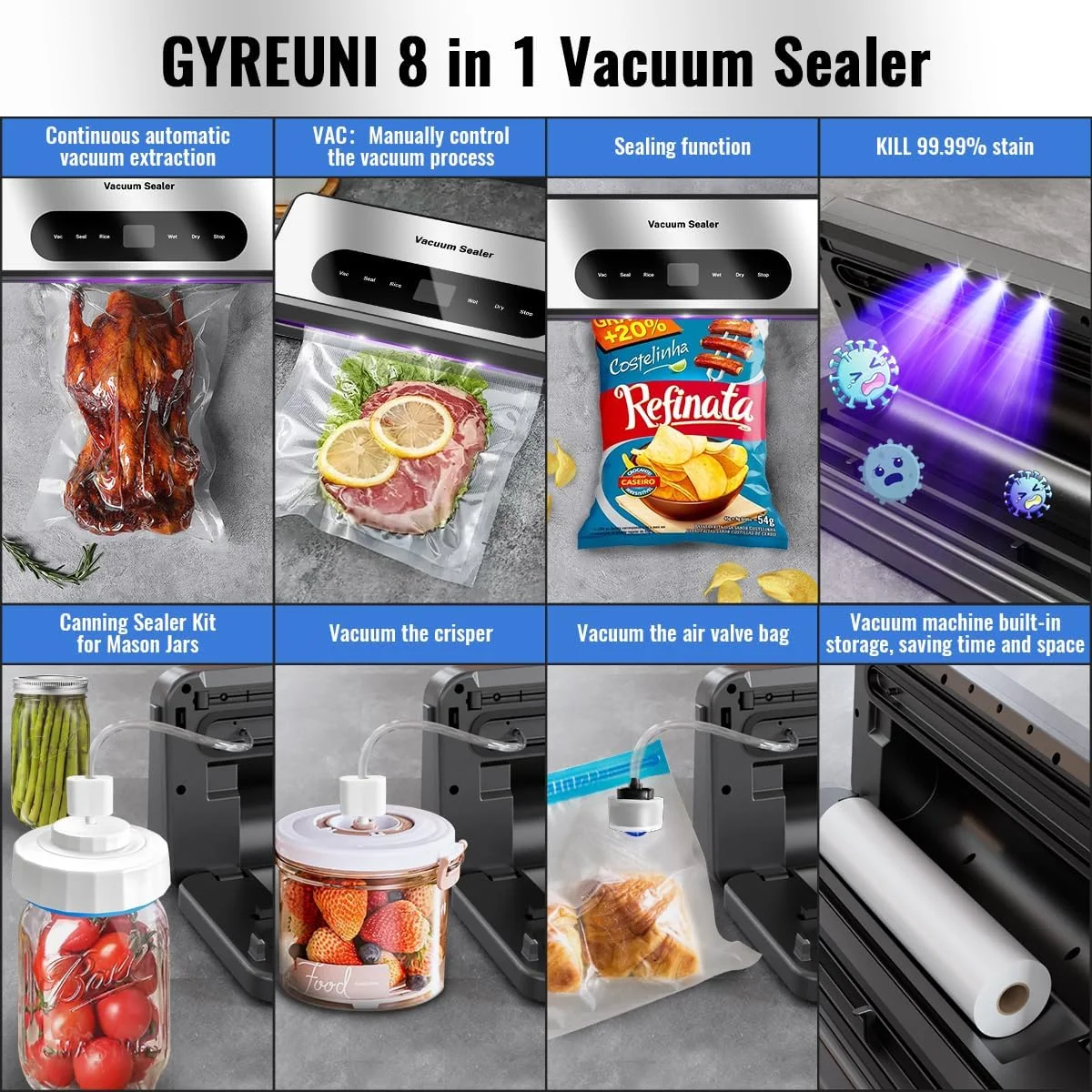 دستگاه وکیوم سیلر مواد غذایی 8 در 1 با قابلیت کنسرو کردن، دستگاه سیلر چند منظوره مواد غذایی دارای کاتر UV داخلی/نگهداری کیسه، مناسب برای مواد غذایی خشک، مرطوب، روغنی و ترد، کیت وکیوم سیلر به همراه 2 رول کیسه/قلم مارکر دستگاه وکیوم سیلر مواد غذایی 8 در 1 با قابلیت کنسرو کردن، دستگاه سیلر چند منظوره مواد غذایی دارای کاتر UV داخلی/نگهداری کیسه، مناسب برای مواد غذایی خشک، مرطوب، روغنی و ترد، کیت وکیوم سیلر به همراه 2 رول کیسه/قلم مارکر