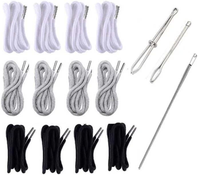 12 عدد بند ناف دار، بندهای جایگزین 150 سانتی متری با ابزار نخ کشی آسان برای شلوار ورزشی، هودی، شورت، ژاکت، شلوار، تنه و کت (خاکستری، مشکی، سفید)
