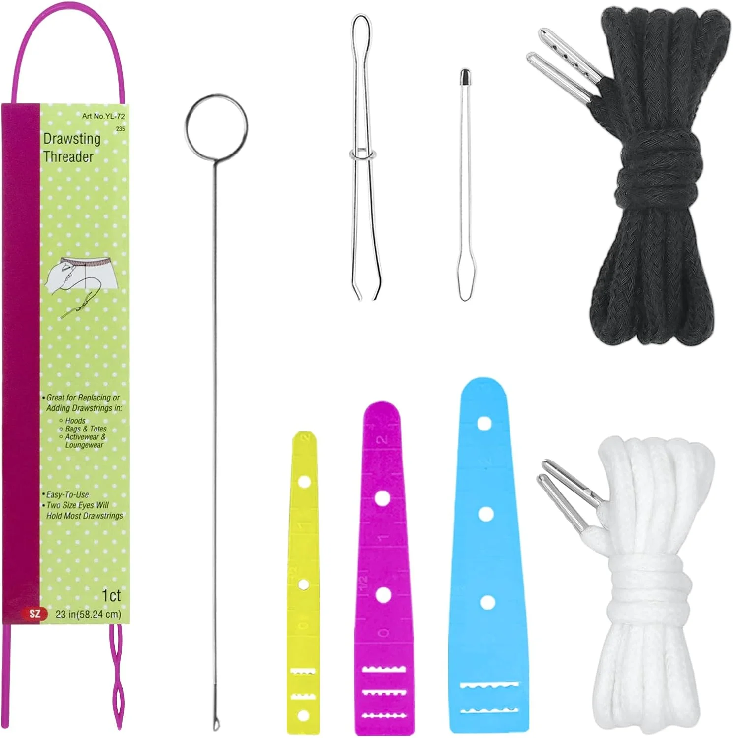 ست ۹ عددی نخ‌کش بند، ۲ عدد بند کشی برای شلوار ورزشی/ ۱ عدد نخ‌کش بند الاستیک/ ۲ عدد نخ‌کش فلزی سوزنی/ ۱ عدد قلاب چرخشی فلزی/ ۳ عدد ابزار نخ‌کش بند انعطاف‌پذیر