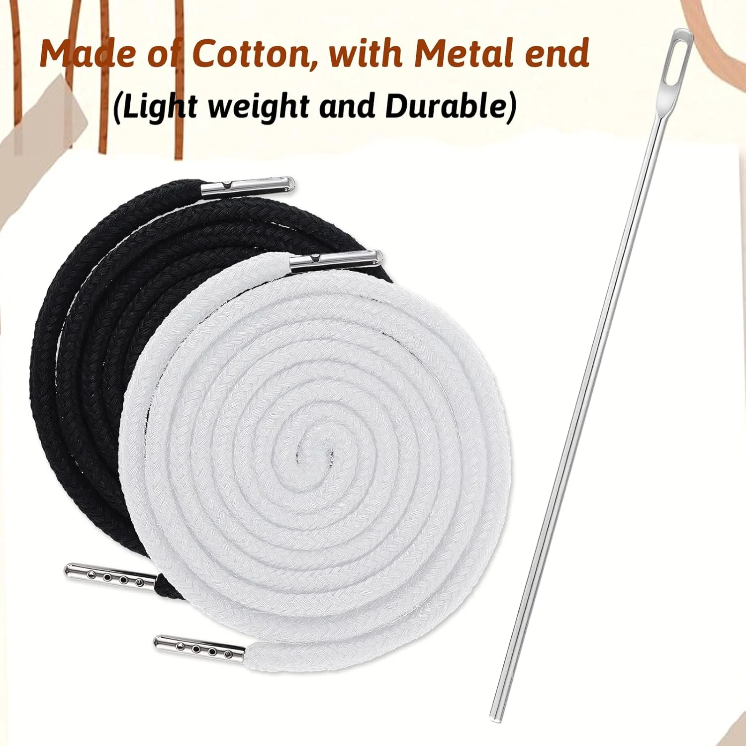 2 عدد بند کشی جایگزین با نخ‌کش آسان، بند کشی پنبه‌ای بادوام و شیک 130 سانتی‌متری برای شلوار ورزشی، شلوارک، شلوار، ژاکت و کت (سیاه، سفید)