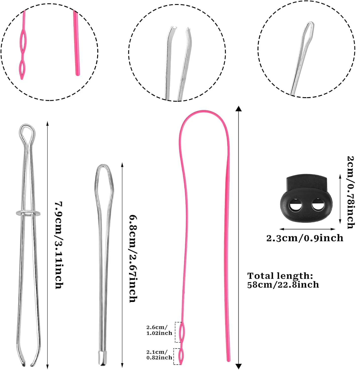 ست ابزار نخ کشی بند ناف 8 عددی، ابزار جایگزینی بند ناف پلاستیکی انعطاف پذیر، 2 عدد نخ کش فلزی، 2 عدد موچین فلزی و 2 عدد قفل بند ناف برای شلوارک و هودی