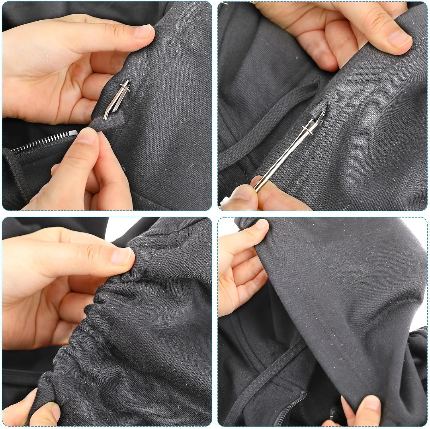 ست ابزار نخ کشی بند ناف 8 عددی، ابزار جایگزینی بند ناف پلاستیکی انعطاف پذیر، 2 عدد نخ کش فلزی، 2 عدد موچین فلزی و 2 عدد قفل بند ناف برای شلوارک و هودی