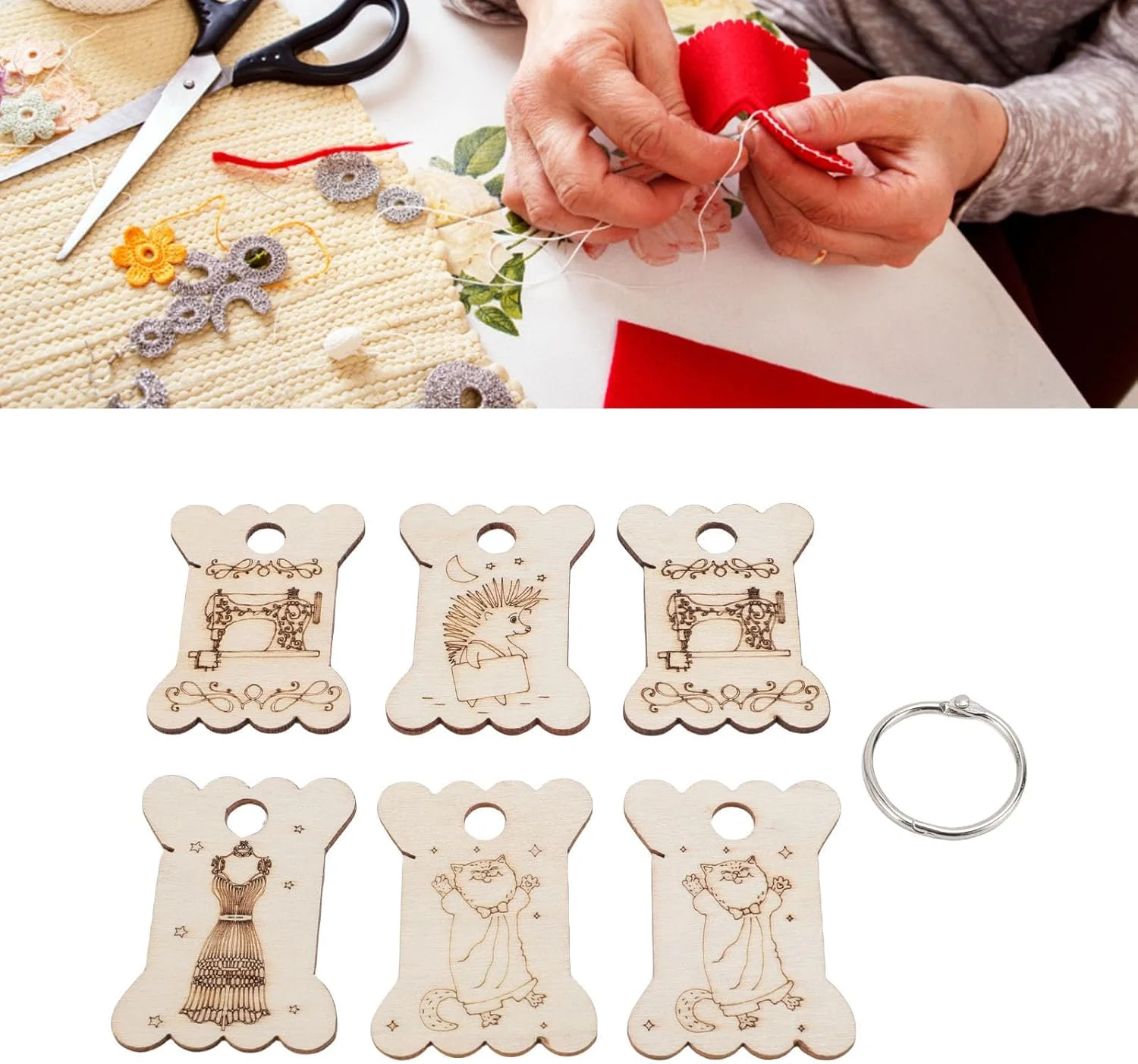 بوبین نخ دندان Cryfokt، 6 عدد تخته سیم پیچ نخ چوبی با طرح های نفیس، برای نخ دوزی/مدیریت کابل بوبین نخ دندان Cryfokt، 6 عدد تخته سیم پیچ نخ چوبی با طرح های نفیس، برای نخ دوزی/مدیریت کابل