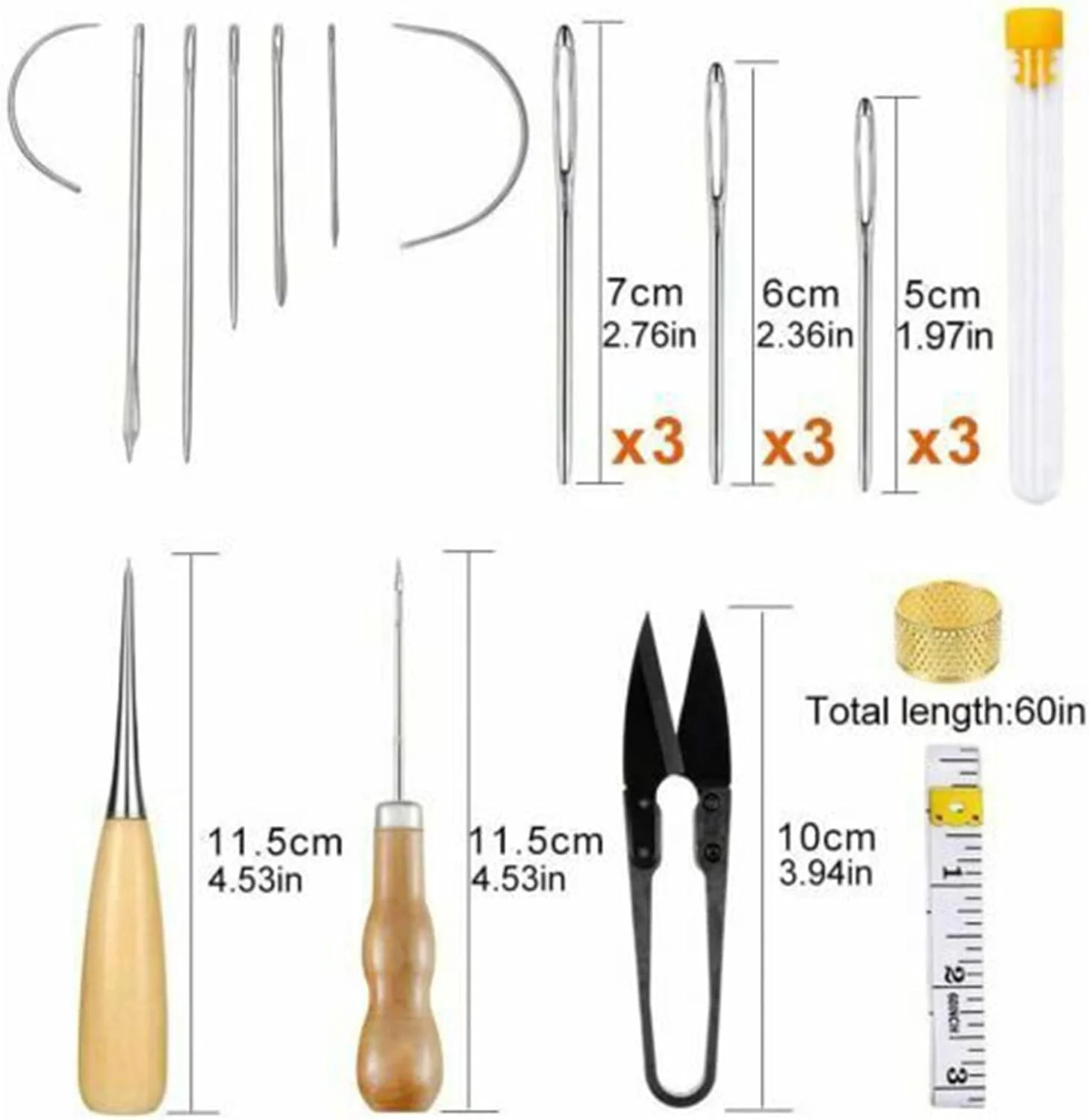 مجموعه ۲۸ عددی ابزار خیاطی شامل درفش، انگشتانه، انگشتی، نخ موم زده و سوزن های دوخت برای چرم دوزی