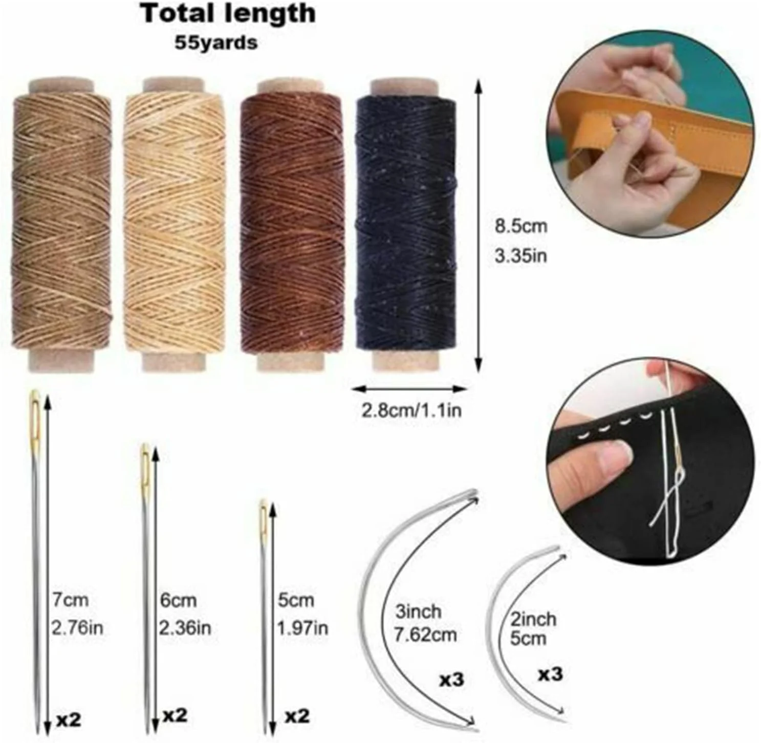 مجموعه ۲۸ عددی ابزار خیاطی شامل درفش، انگشتانه، انگشتی، نخ موم زده و سوزن های دوخت برای چرم دوزی