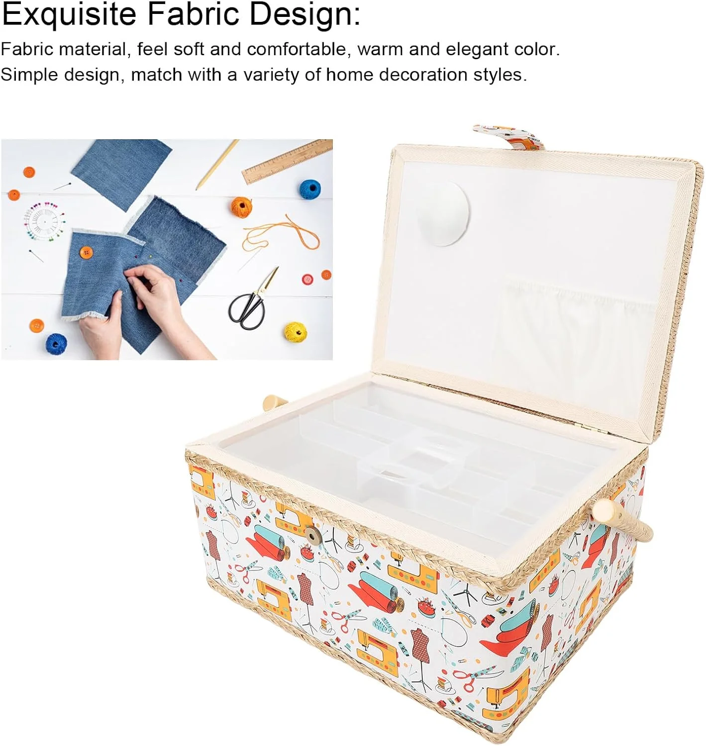 جعبه خیاطی سوراندی، جعبه نگهداری لوازم خیاطی قابل حمل با ظرفیت بزرگ به همراه سینی پلاستیکی جداشدنی مناسب برای نگهداری سوزن در منزل و مسافرت