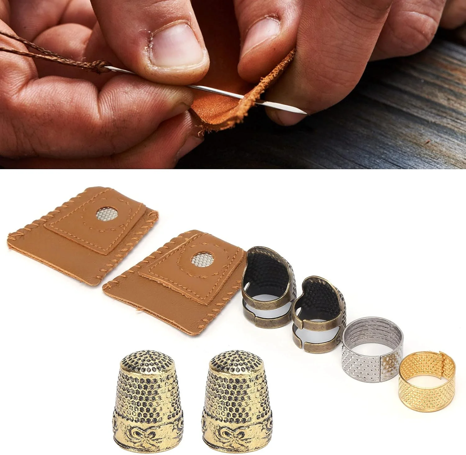 محافظ انگشت خیاطی Phefop، مجموعه انگشتانه با انگشتانه چرم مصنوعی برای گلدوزی، سوزن دوزی برای کارهای دستی، جنس مس بادوام محافظ انگشت خیاطی Phefop، مجموعه انگشتانه با انگشتانه چرم مصنوعی برای گلدوزی، سوزن دوزی برای کارهای دستی، جنس مس بادوام