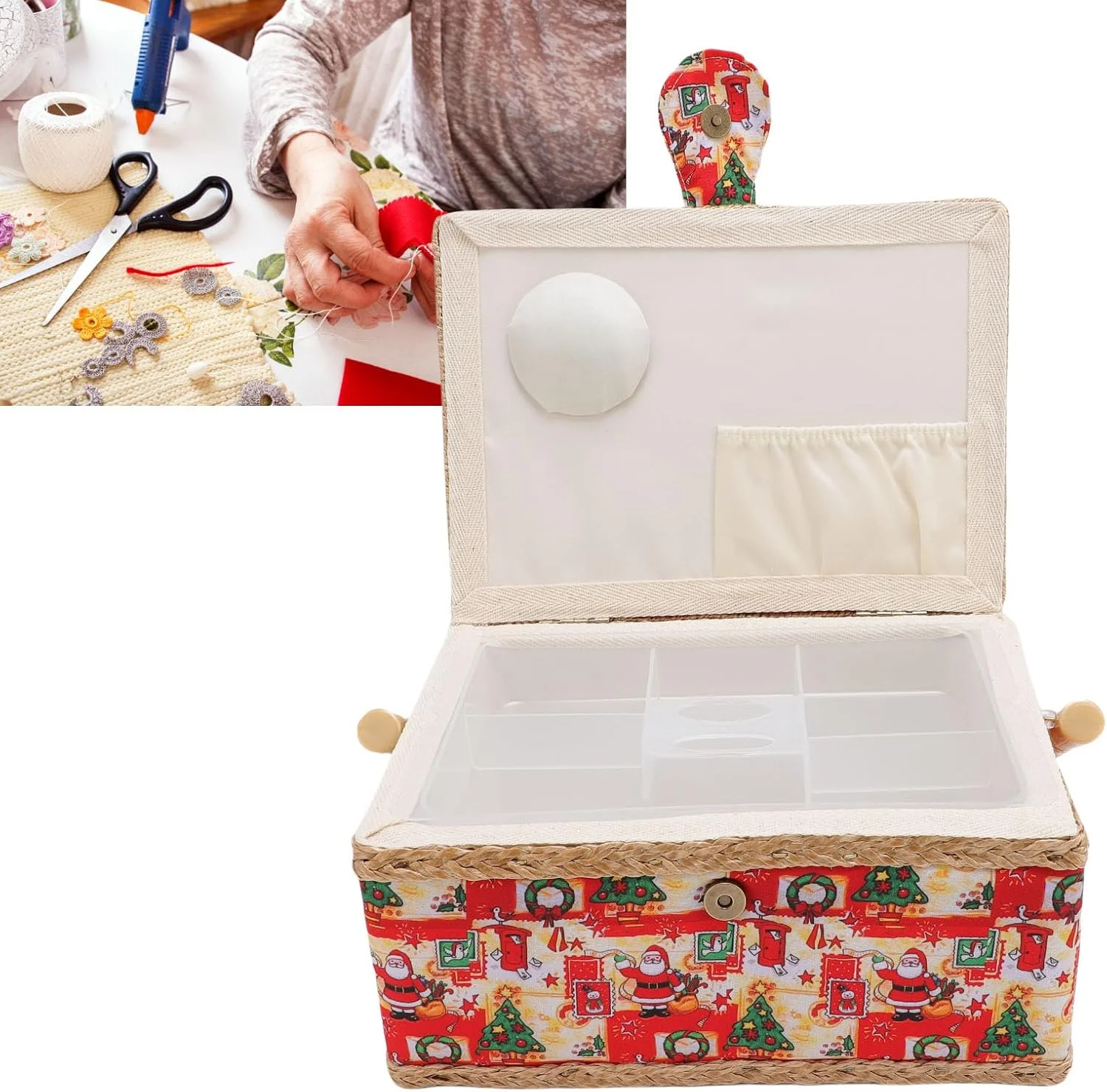 جعبه لوازم خیاطی OVAQUIXI، جنس پلی استر، دارای فضای ذخیره سازی دو لایه جادار، ایده آل برای هنرمندان و مبتدیان