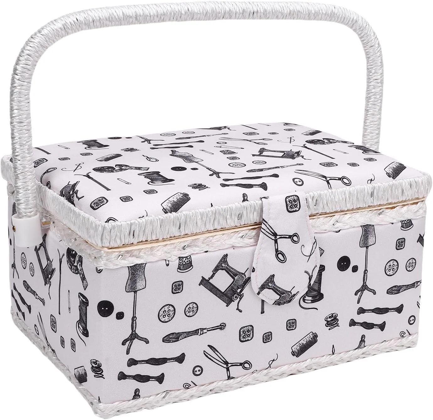 جعبه خیاطی بزرگ، سبد پارچه ای پلی استر با سینی جداشدنی، صرفه جویی در فضا برای سوزن و نخ برای علاقه مندان