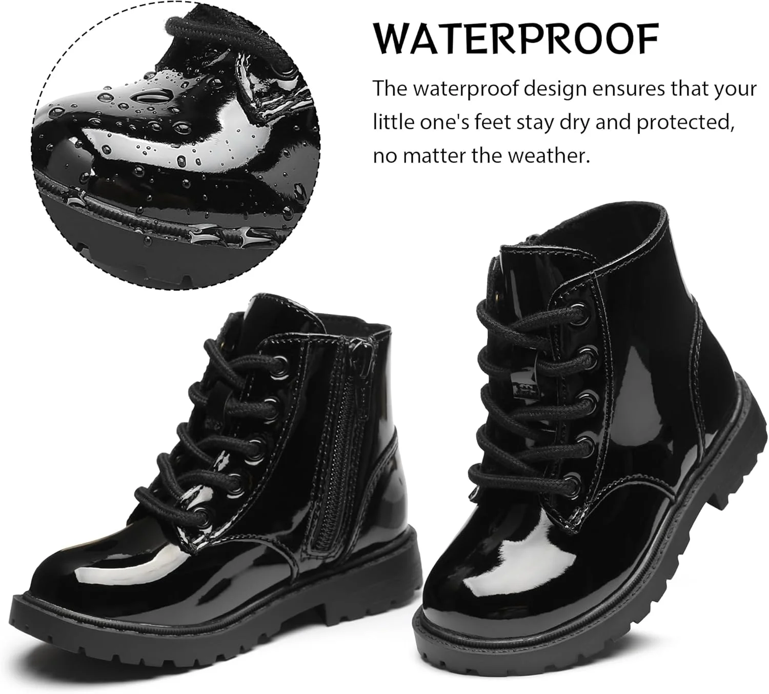 بوت دخترانه CCVON، بوت های رزمی ضد آب، بوت های پاشنه دار ورنی با زیپ در کنار برای کودکان نوپا/کودکان کوچک