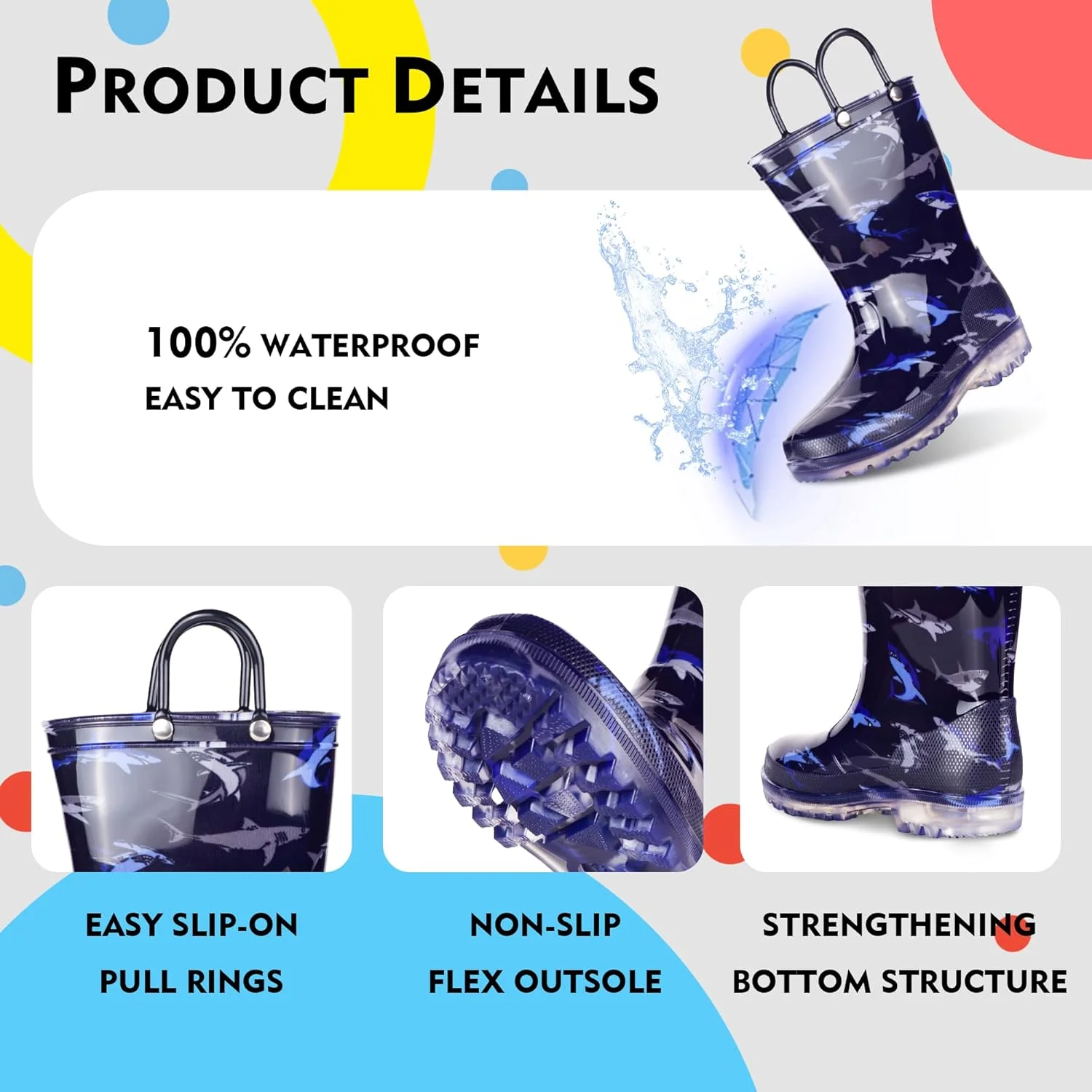 چکمه بارانی کودکانه گاوباو با طرح اکلیلی و چراغ دار، دسته دار و ضد آب مناسب پسران و دختران