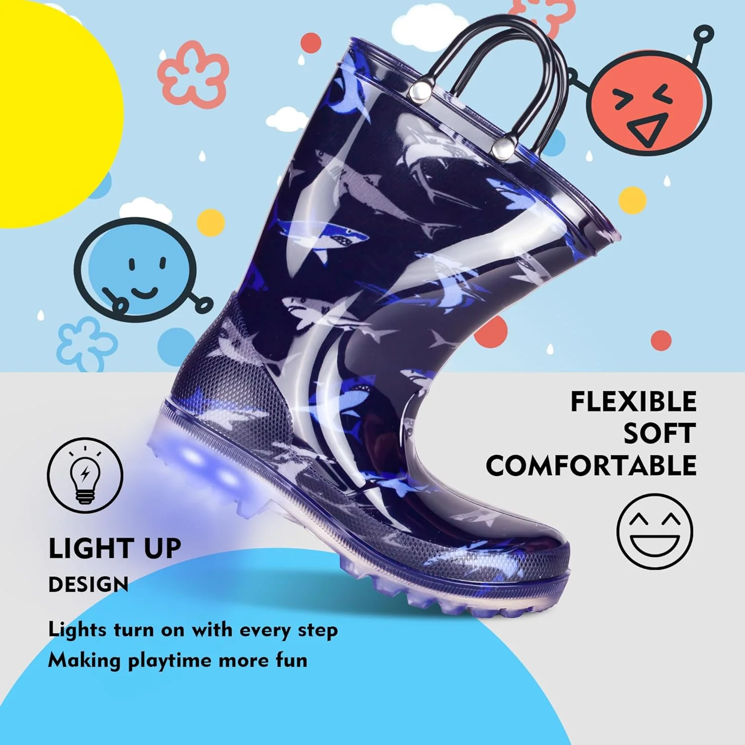 چکمه بارانی کودکانه گاوباو با طرح اکلیلی و چراغ دار، دسته دار و ضد آب مناسب پسران و دختران