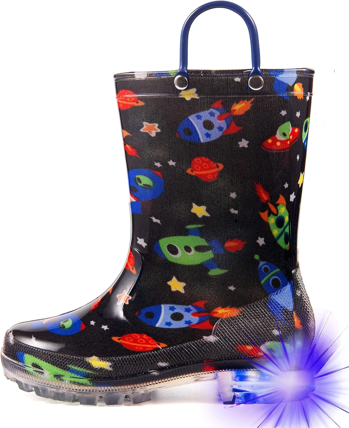 چکمه باران پسرانه HugRain، کفش های ضد آب سبک وزن با طرح چاپی و دسته های آسان پوشیدن و کفی (سایز 3، مشکی)