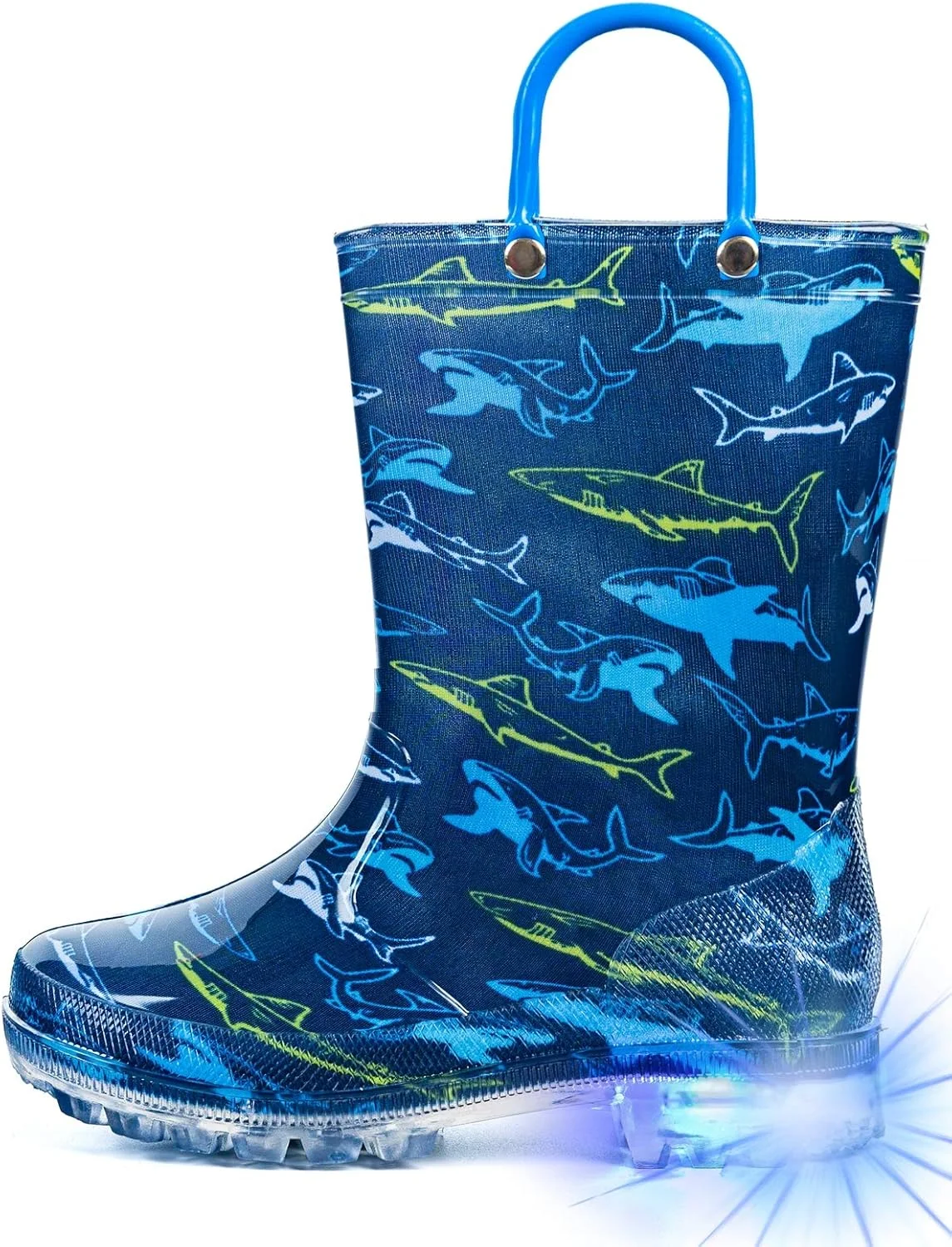 چکمه بارانی پسرانه HugRain، کفش ضد آب چاپی و سبک وزن با طرح کوسه آبی دوست داشتنی و دسته های آسان پوشیدن (سایز 5، آبی)