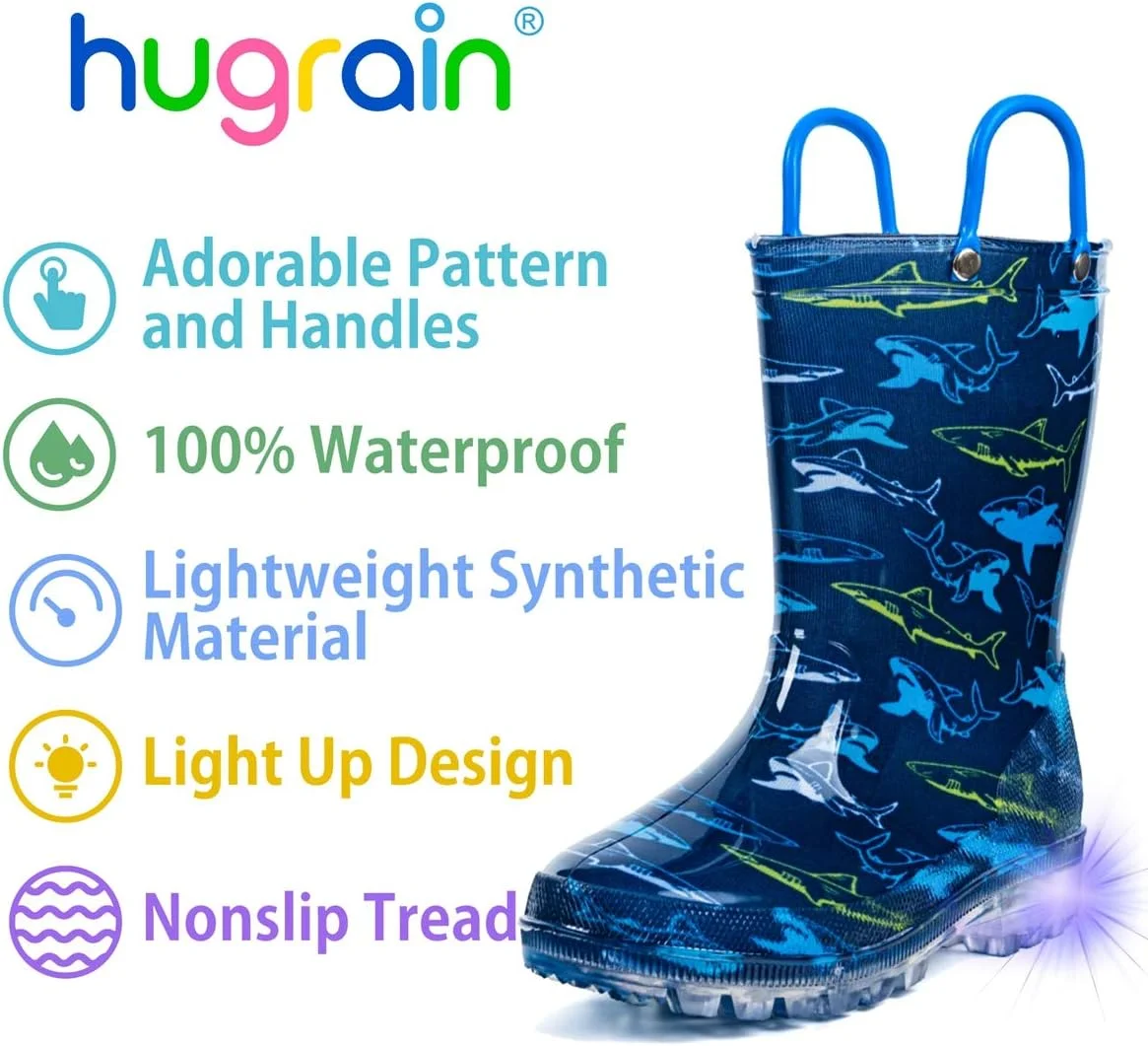 چکمه بارانی پسرانه HugRain، کفش ضد آب چاپی و سبک وزن با طرح کوسه آبی دوست داشتنی و دسته های آسان پوشیدن (سایز 5، آبی)