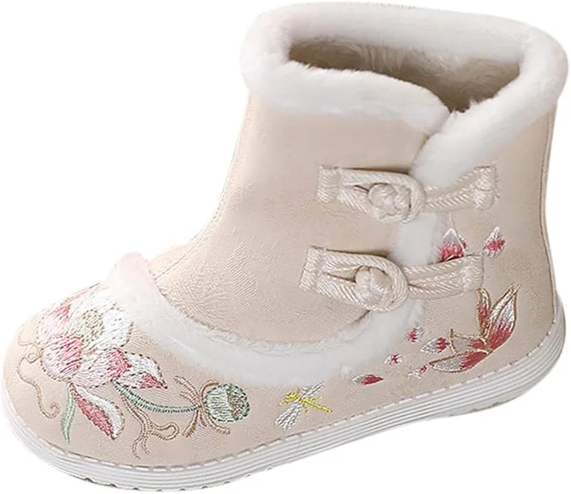 کفش های پرنسسی گلدوزی شده دخترانه Huicai به سبک یکپارچهسازی بافت (Retro)، چکمه های برفی، کفش های نخی سگکی