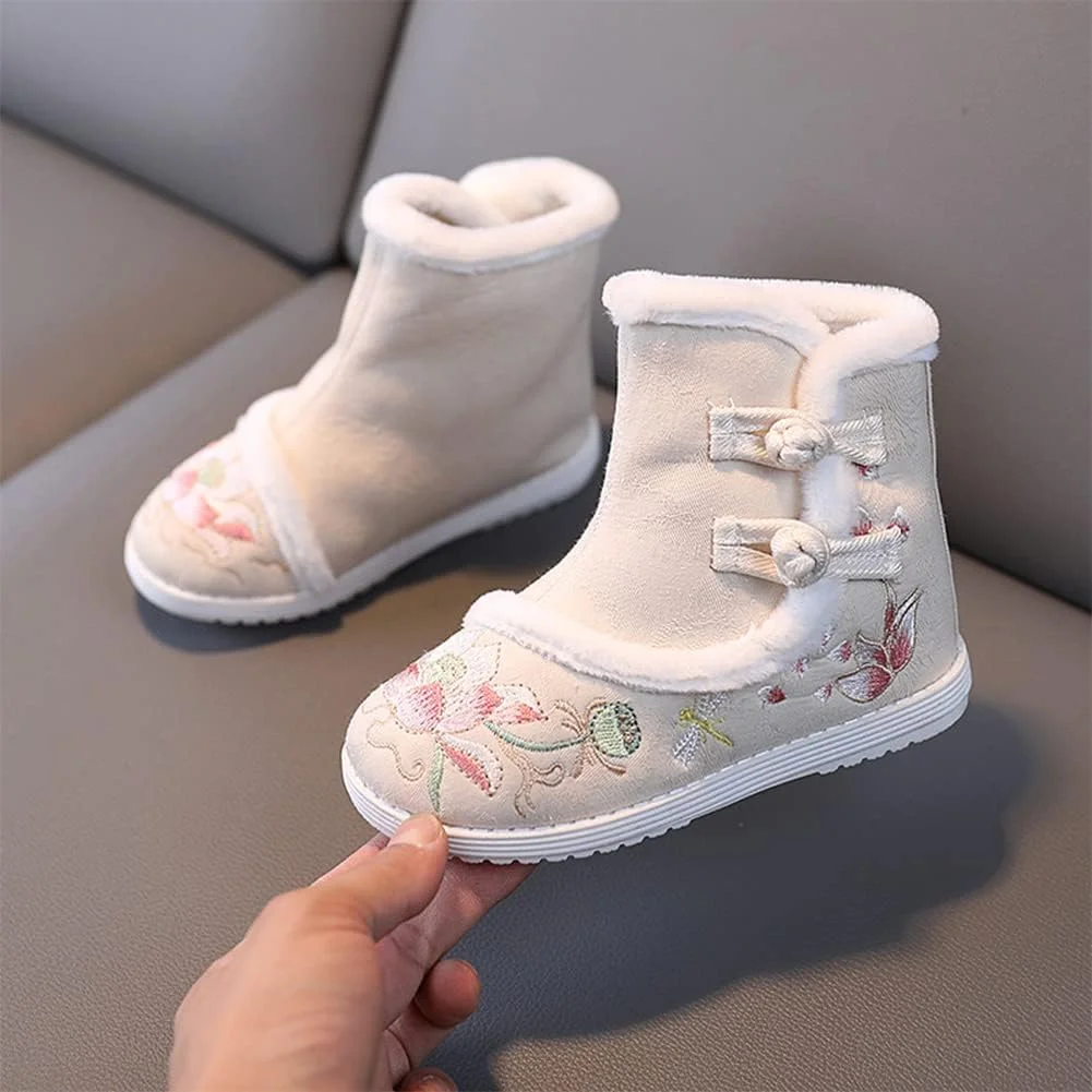 کفش های پرنسسی گلدوزی شده دخترانه Huicai به سبک یکپارچهسازی بافت (Retro)، چکمه های برفی، کفش های نخی سگکی