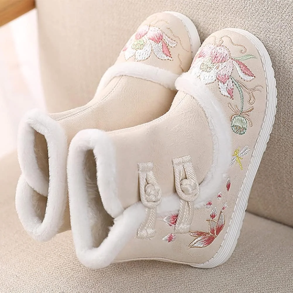 کفش های پرنسسی گلدوزی شده دخترانه Huicai به سبک یکپارچهسازی بافت (Retro)، چکمه های برفی، کفش های نخی سگکی