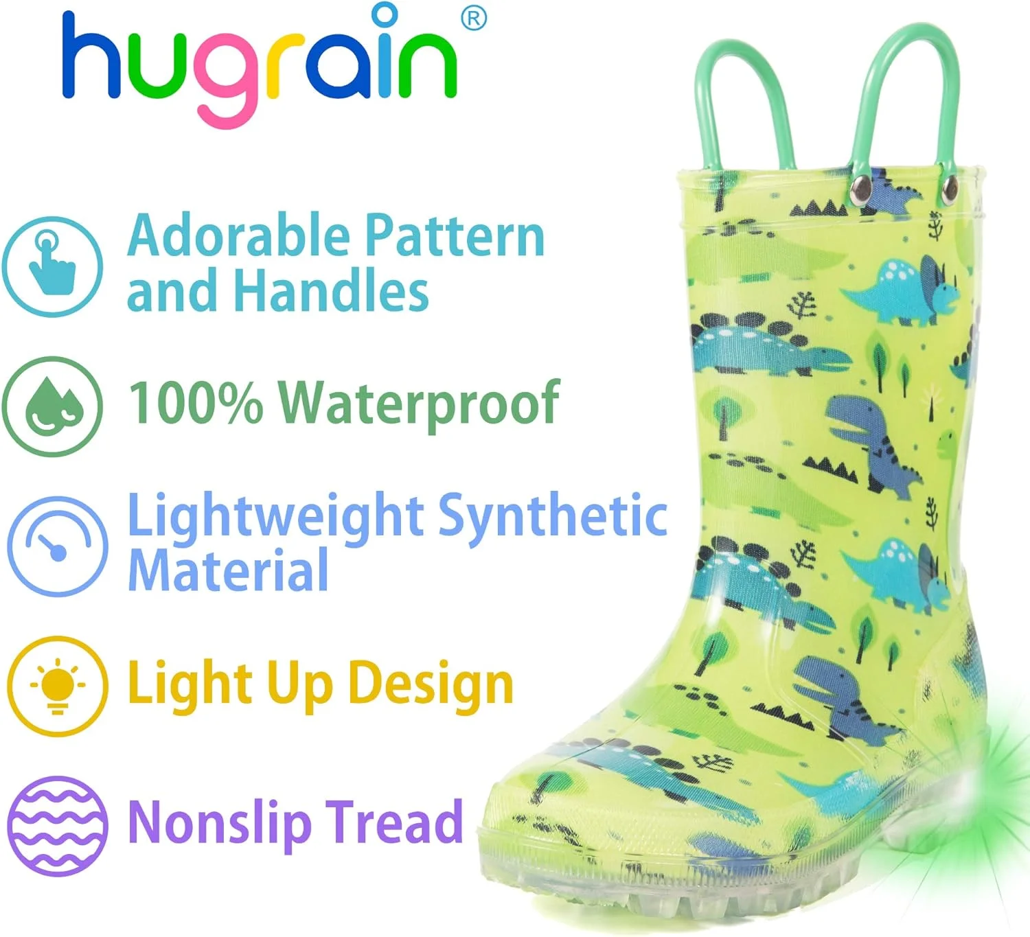 چکمه بارانی پسرانه HugRain، کفش های ضد آب سبک وزن با طرح دایناسور سبز و دسته های آسان پوشیدن و کفی (سایز 3، سبز)