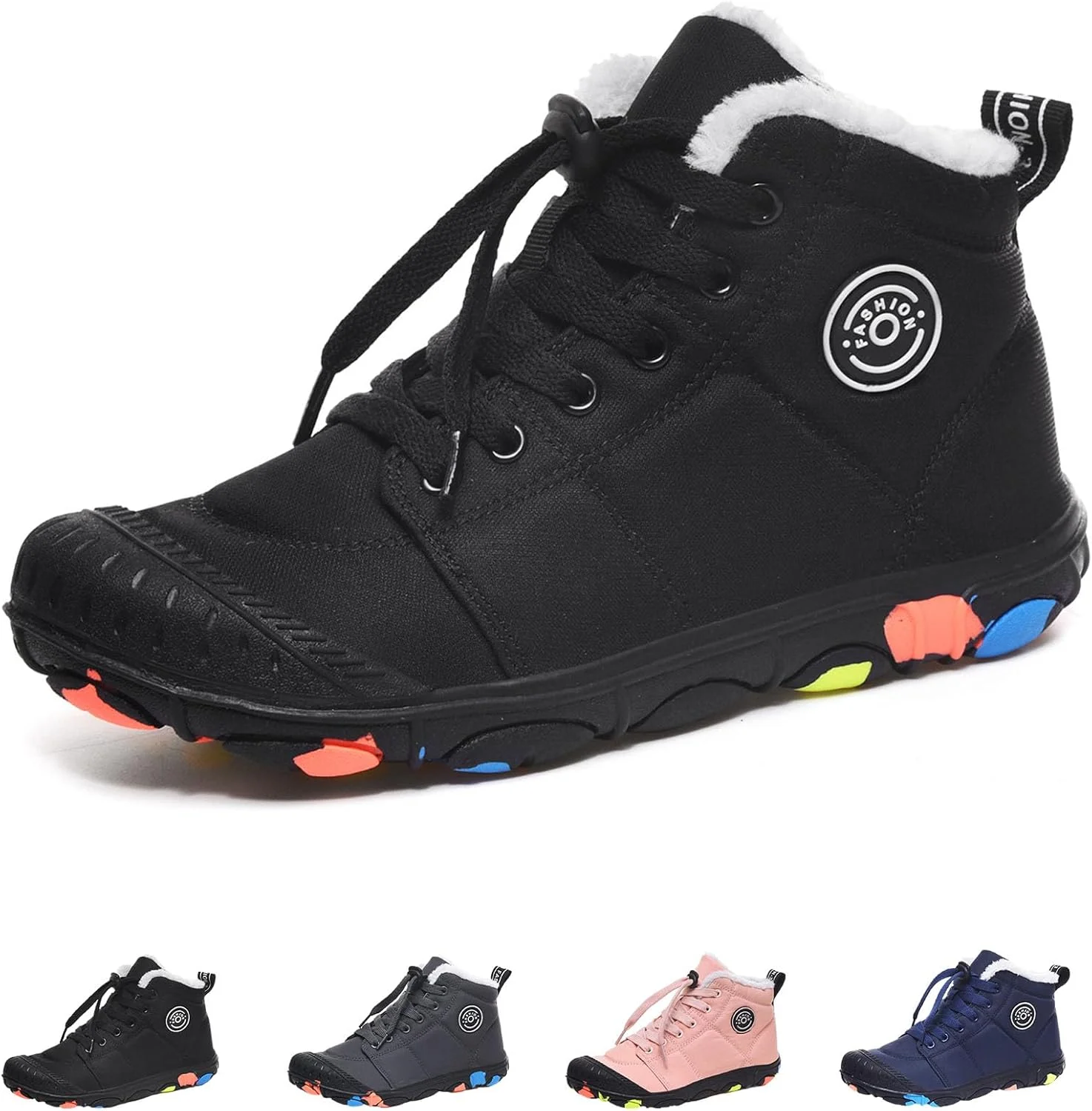 کفش های زمستانی کودکانه، کفش های ضد آب، چکمه های پنبه ای با زیره مینیمال زیرو دراپ و آستر خزدار مناسب پیاده روی و هایکینگ