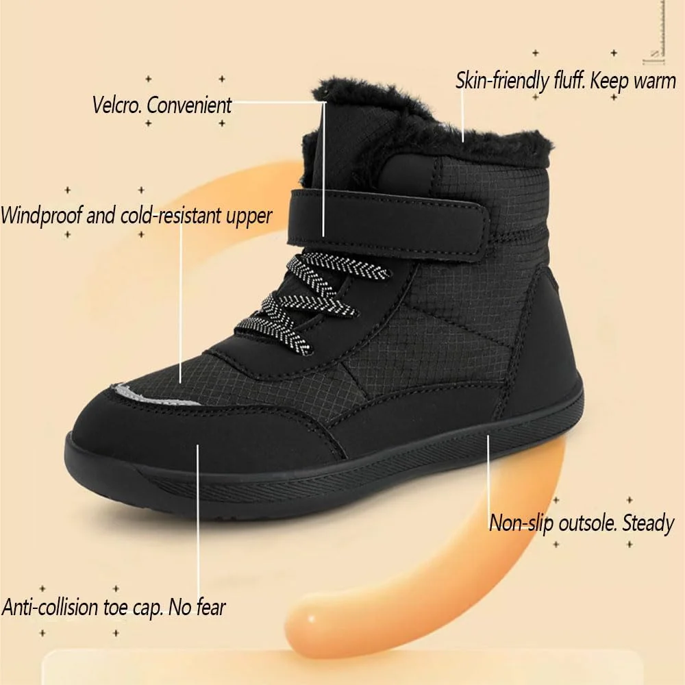 کفش زمستانی کودکانه، پنجه پهن، ضد لغزش، ضد آب، زیره تخت، چکمه های زمستانی مینیمالیستی تا مچ پا مناسب کودکان نوپا/کودکان کوچک/کودکان بزرگ