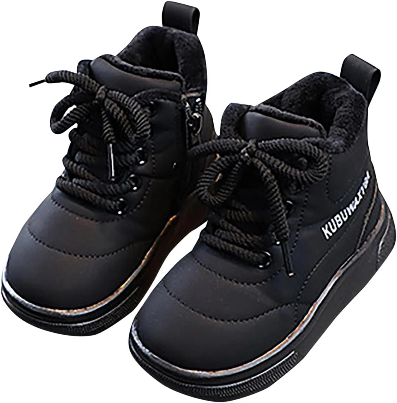 نیم بوت پسرانه، بوت های ساق کوتاه رزمی دخترانه، بوت کار کوتاه بند دار با آستر خز مصنوعی، بوت های زمستانی گرم، کفش کتانی ساق بلند، مشکی، سایز 12 کودک