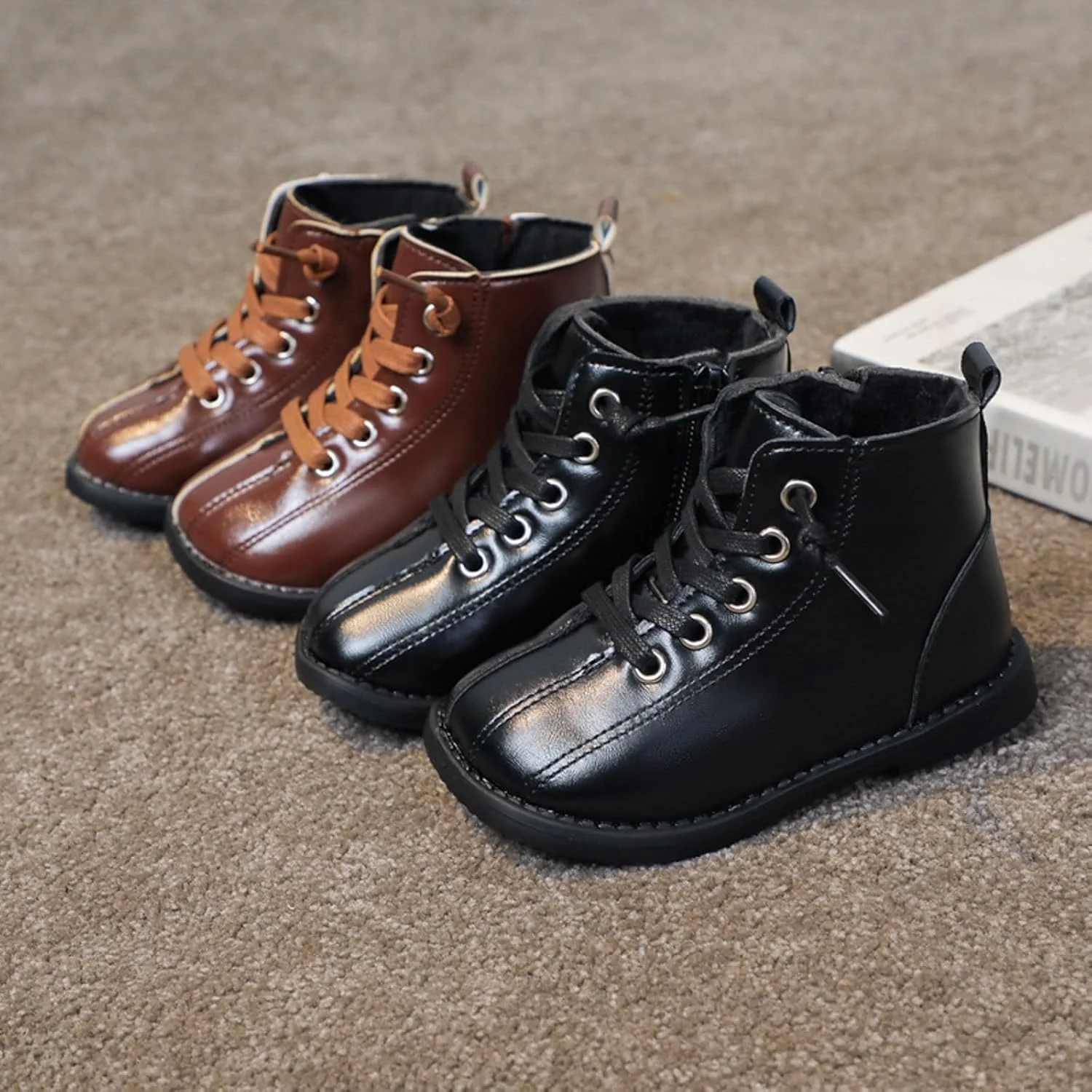 نیم بوت ساق کوتاه بچگانه JEUROT بند دار زیپ دار مناسب کار و فعالیت روزمره چرم مصنوعی ضد لغزش زمستانی، قهوه ای، سایز 11.5