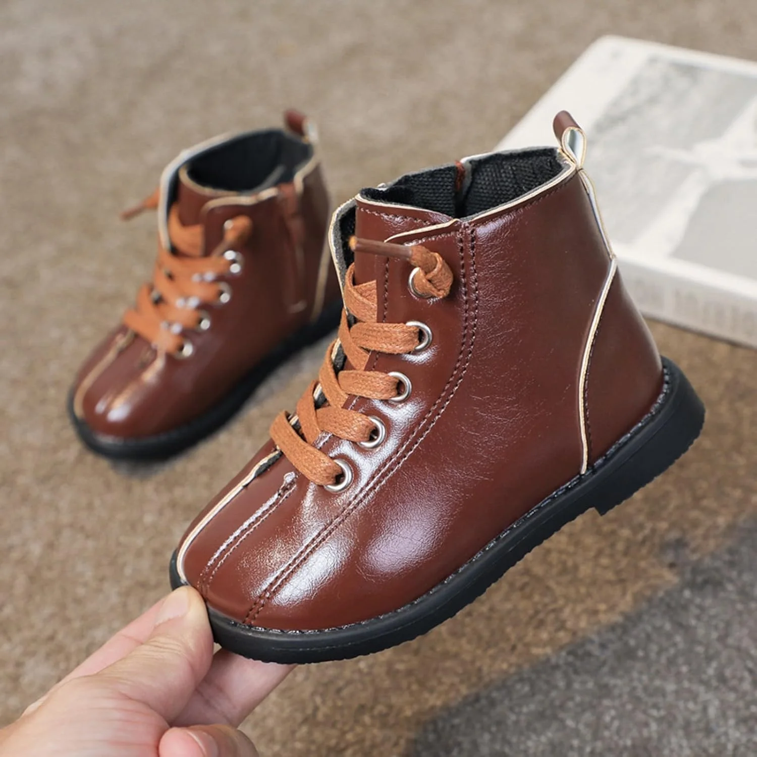 نیم بوت ساق کوتاه بچگانه JEUROT بند دار زیپ دار مناسب کار و فعالیت روزمره چرم مصنوعی ضد لغزش زمستانی، قهوه ای، سایز 11.5