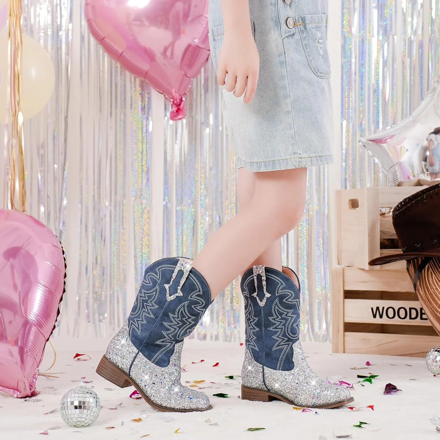 چکمه های دخترانه مدل کابویی ساق متوسط با نوک مربعی، چکمه های وسترن اکلیلی برای مهمانی کودکان، کفش های سوارکاری دخترانه کوچک و بزرگ