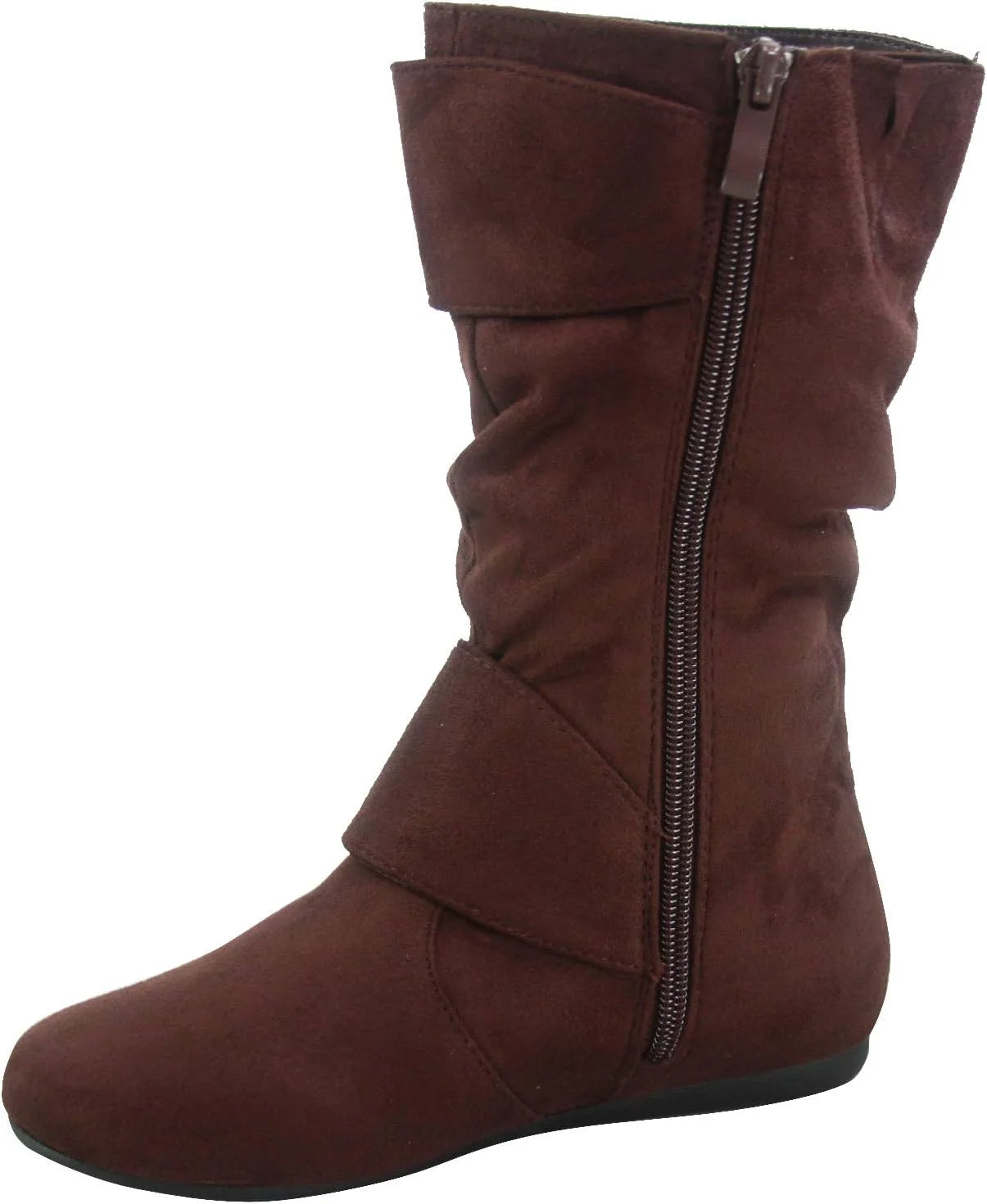 بوت ساق‌دار دخترانه مدل Klein-70k با دو سگک و زیپ، پاشنه تخت، جنس جیر مصنوعی (سایز 9, قهوه‌ای)