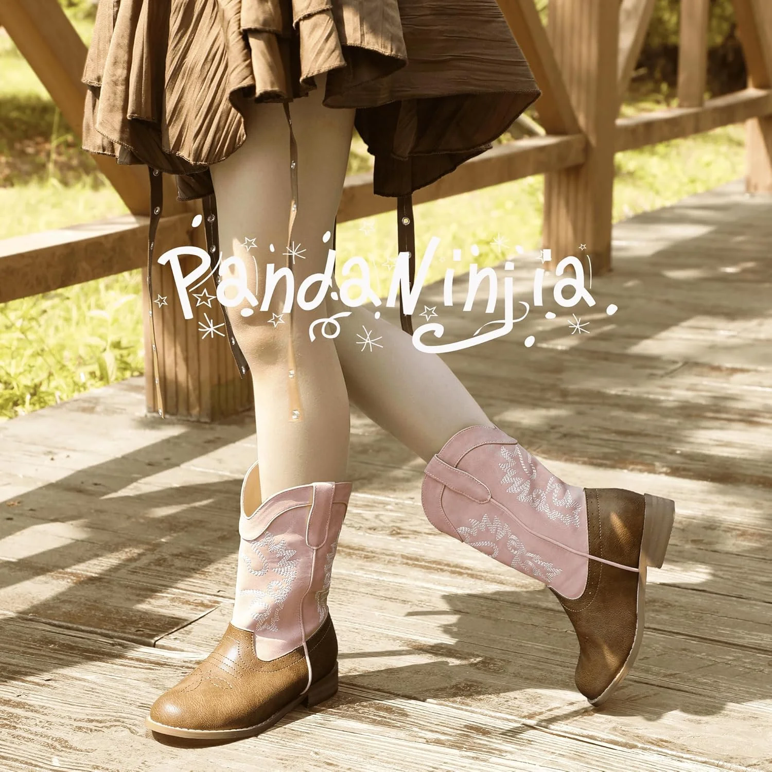 پوتین های کابویی دخترانه PANDANINJIA برای پسران، کودکان و نوزادان، پوتین های وسترن دخترانه با نوک گرد و ساق متوسط