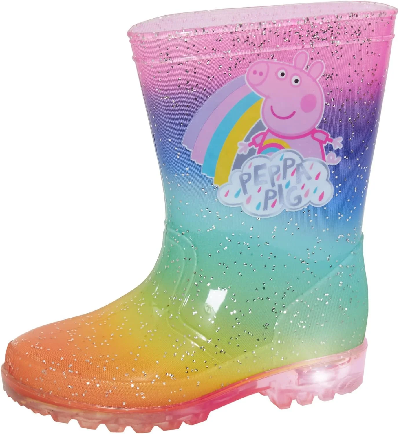 چکمه های بارانی چراغ دار رنگین کمانی پپا پیگ دخترانه اکلیلی، چکمه های بچه گانه با چراغ های چشمک زن، کفش های برفی، رنگین کمان، سایز 8 انگلیس