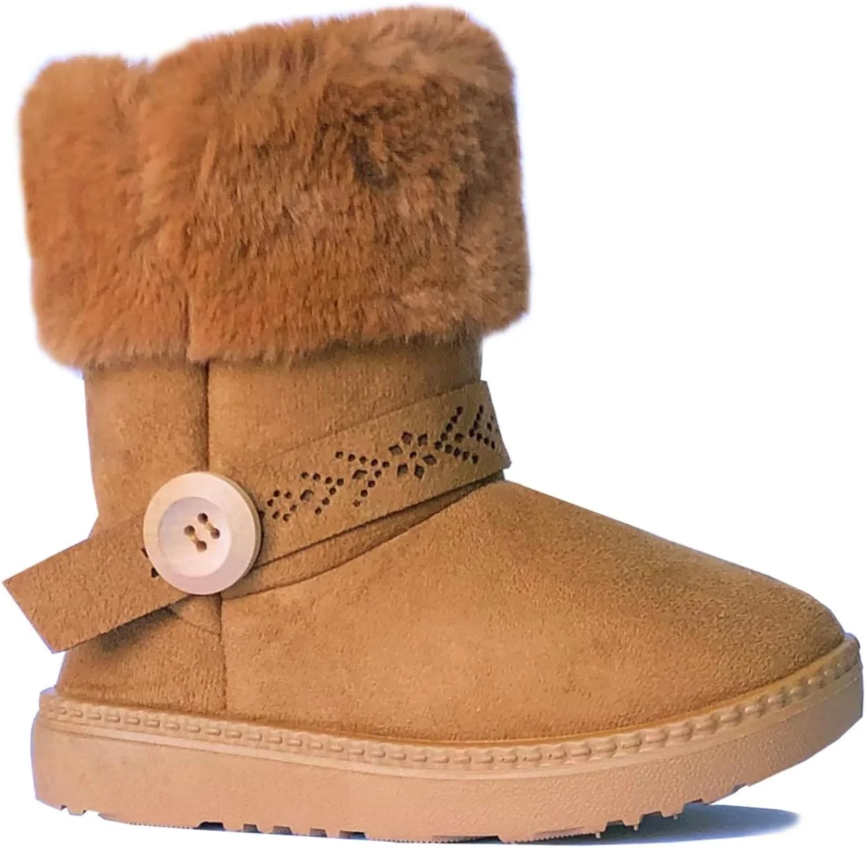 بوت بچگانه دخترانه با دو دکمه زیبا، کفش بافتنی جیر و خز مصنوعی (سایز بچه کوچک 11، شتری 365)